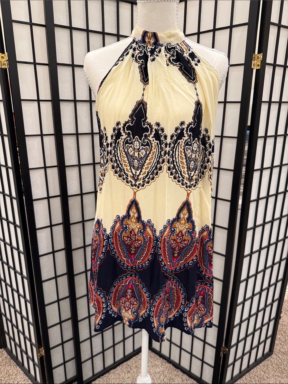 Sleeveless Halter Paisley Print Dress in Cream and Navy